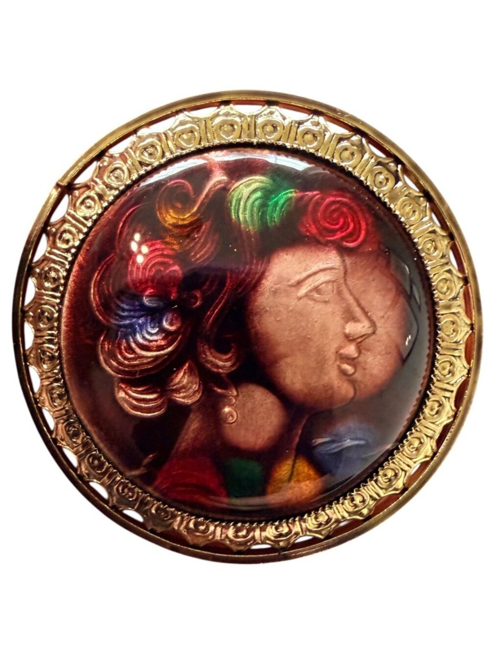 Vintage 1950s Reverse Carved Lucite Renaissance Lady Brooch New Old Stock